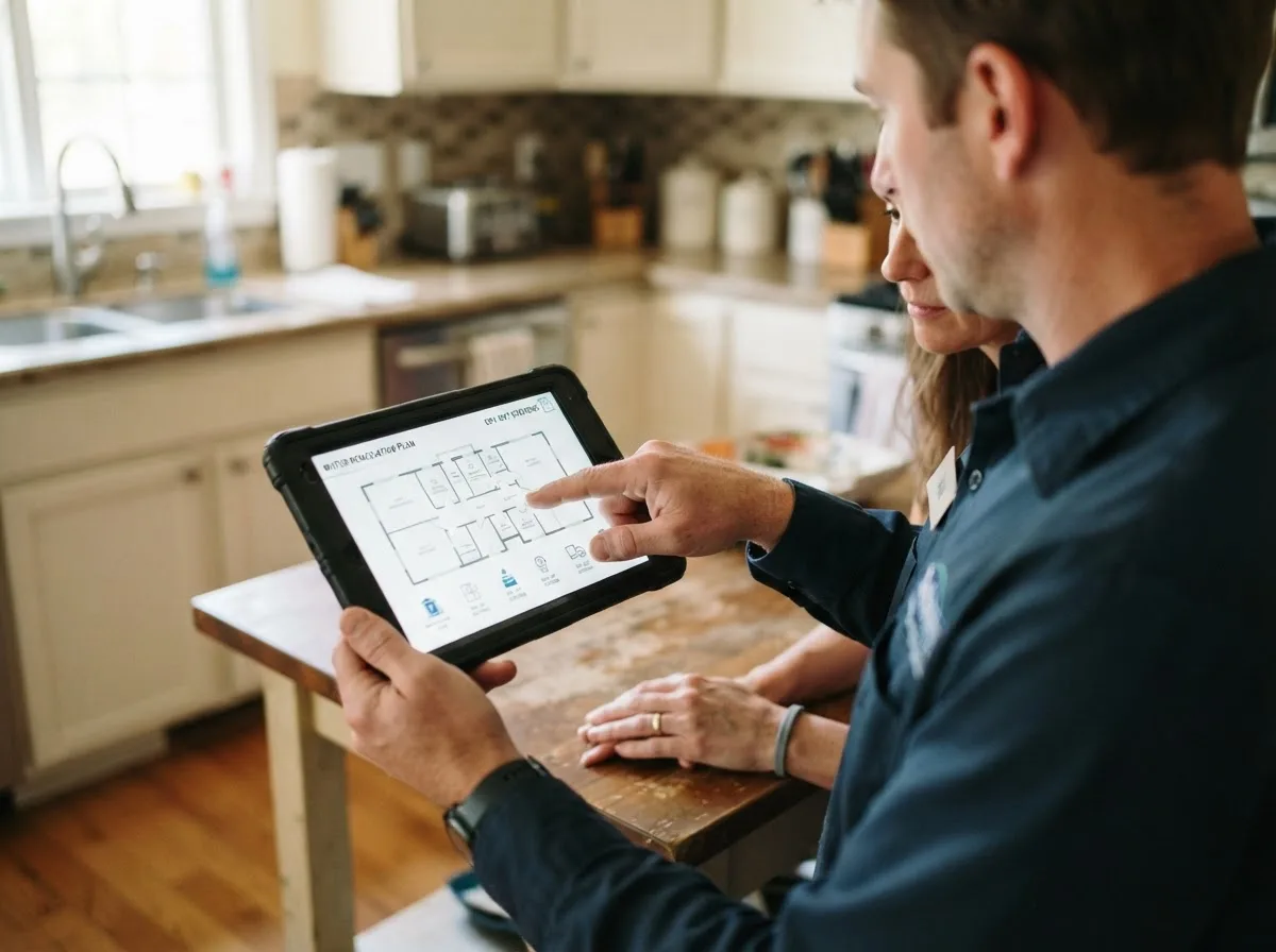 Water damage restoration technician inspecting a home in Cobb, WI